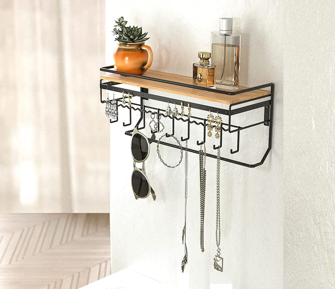 Wall Mount Hanging Jewelry Organizer with 9 Hooks Black Metal