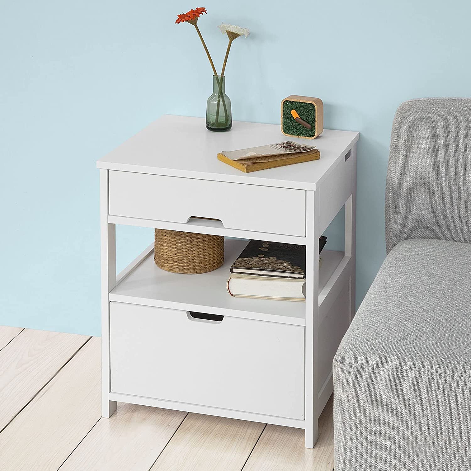 White MDF Bedside Table, 2 Drawers, 1 Shelf