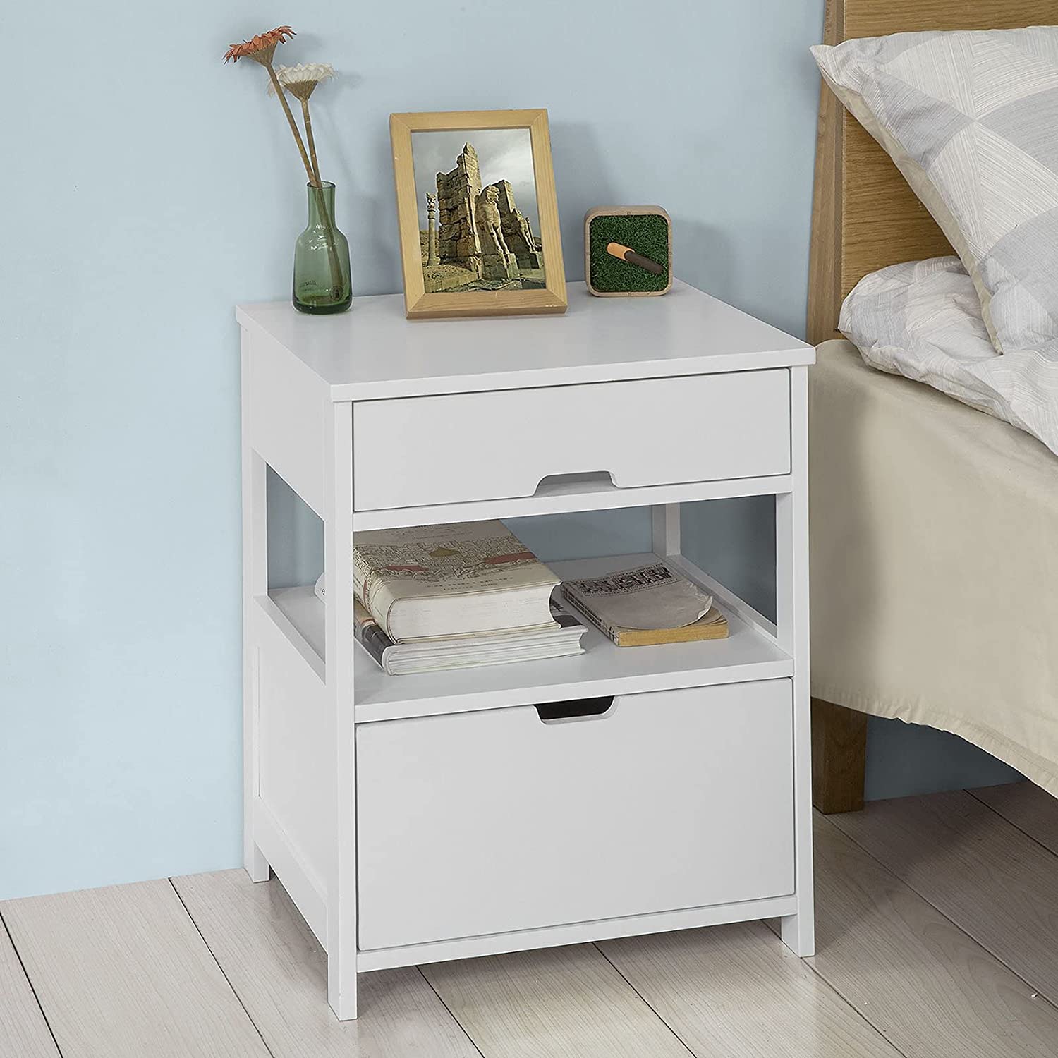 White MDF Bedside Table, 2 Drawers, 1 Shelf