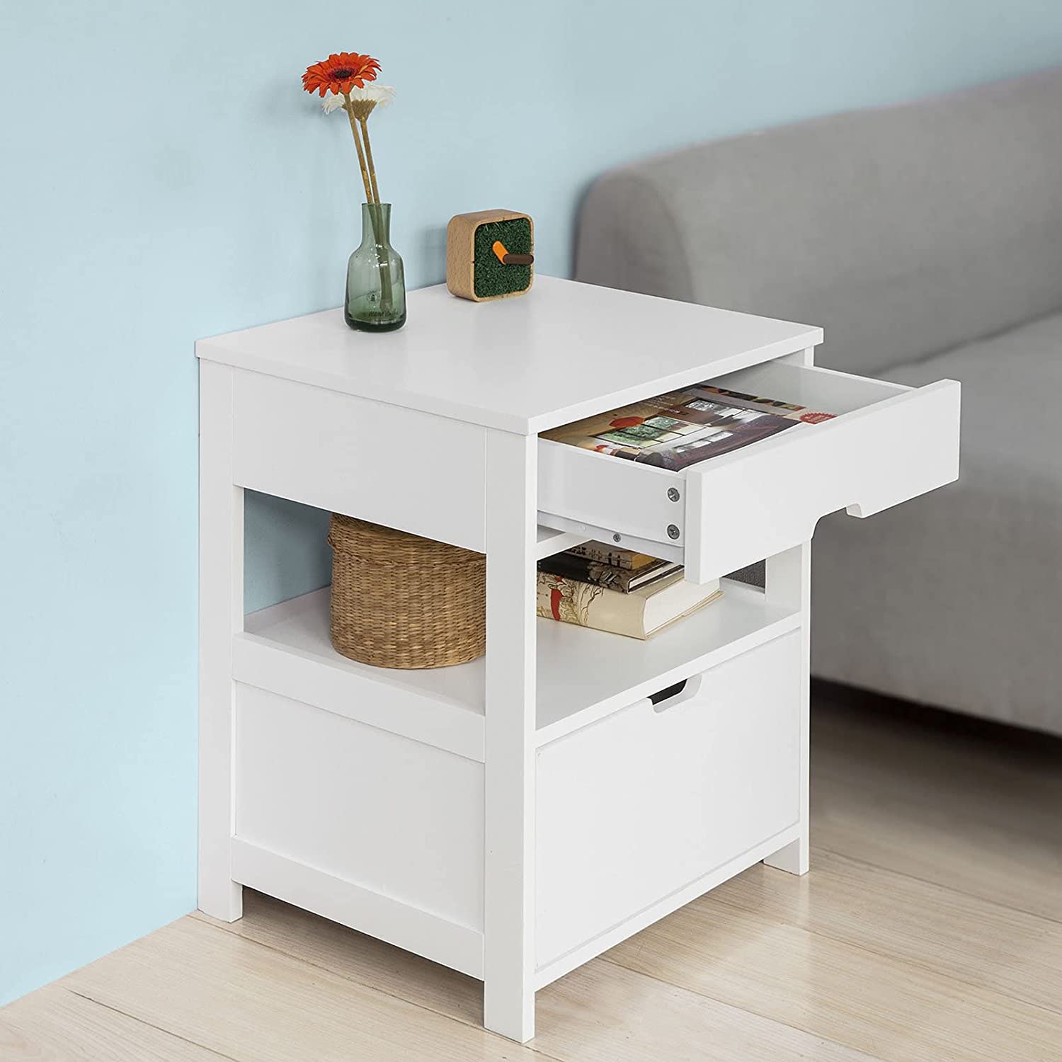 White MDF Bedside Table, 2 Drawers, 1 Shelf