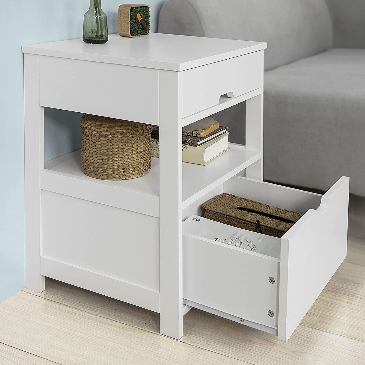 White MDF Bedside Table, 2 Drawers, 1 Shelf