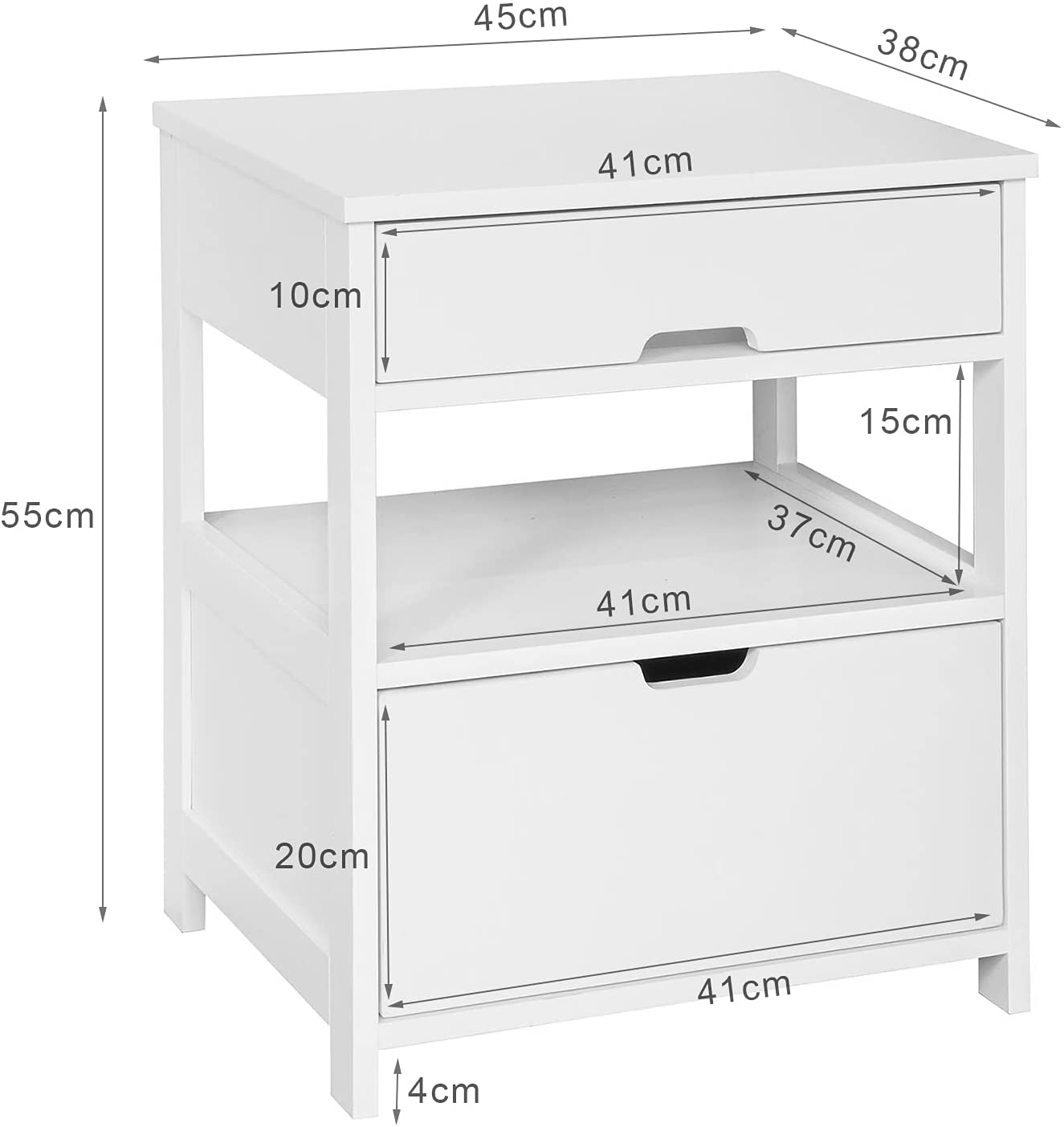 White MDF Bedside Table, 2 Drawers, 1 Shelf