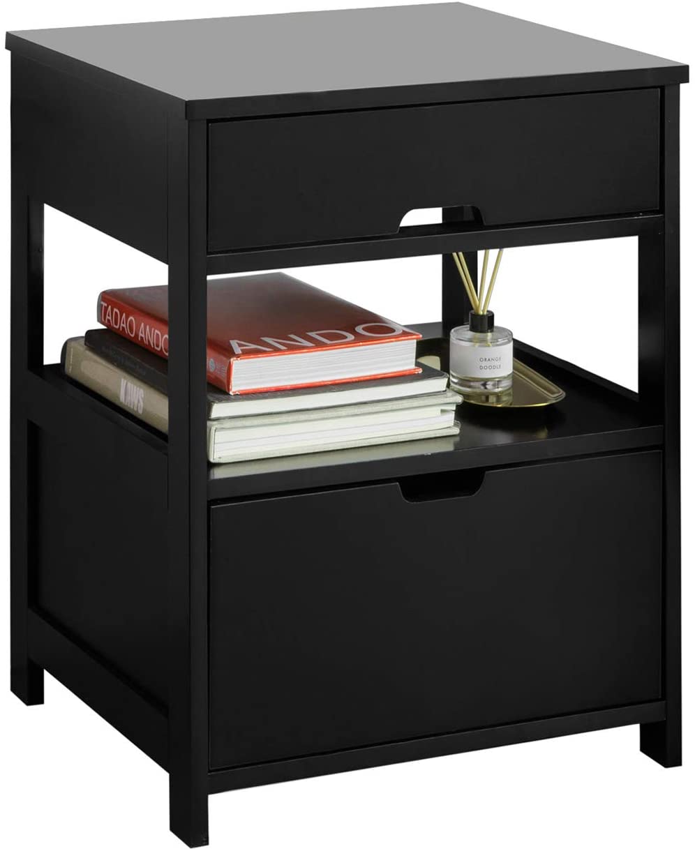 High Quality MDF Black Bedside Table with 2 Drawers