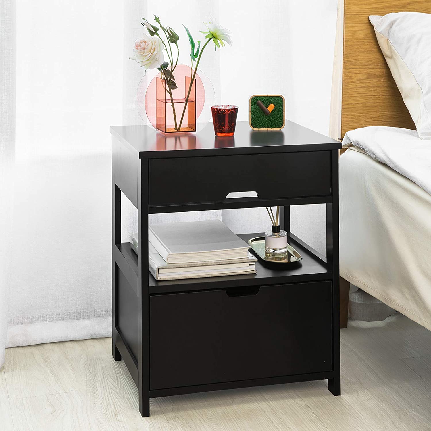 High Quality MDF Black Bedside Table with 2 Drawers