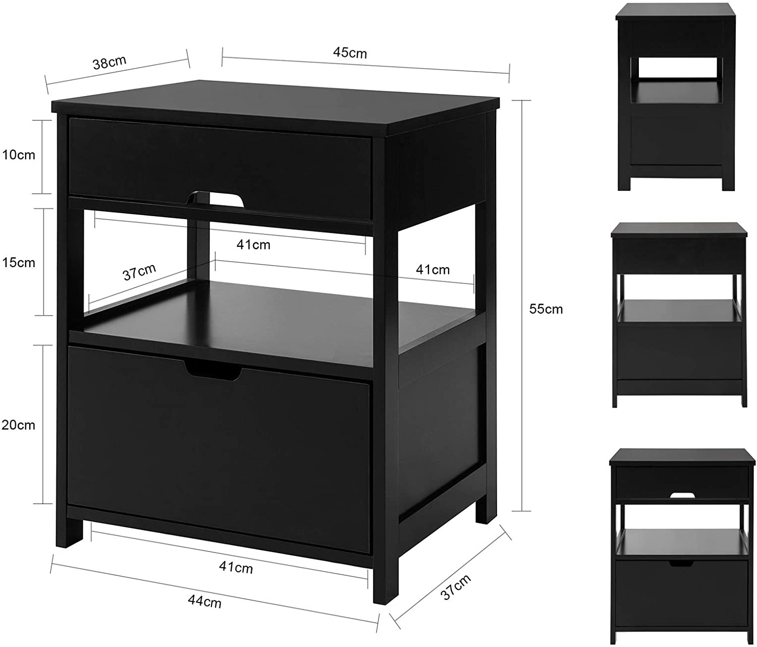 High Quality MDF Black Bedside Table with 2 Drawers