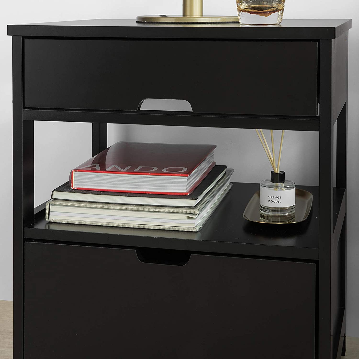 High Quality MDF Black Bedside Table with 2 Drawers