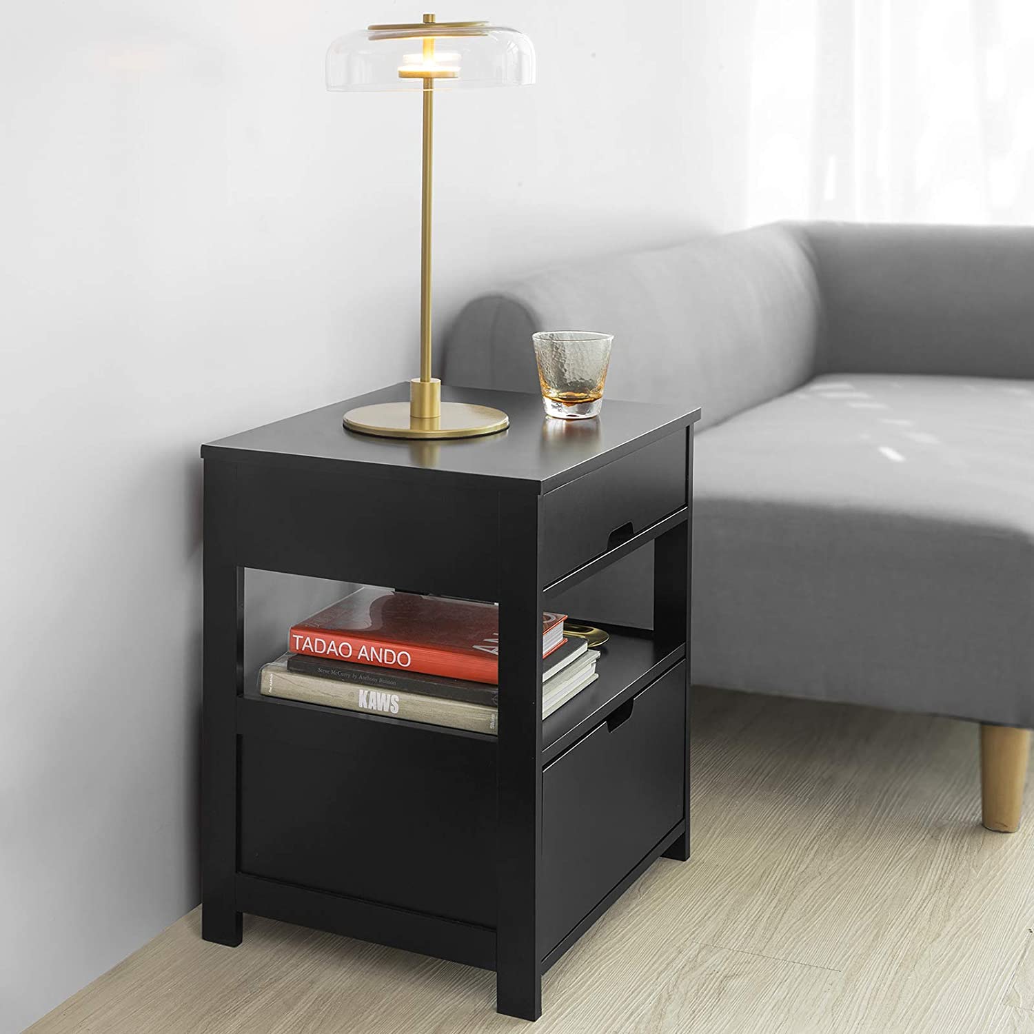 High Quality MDF Black Bedside Table with 2 Drawers