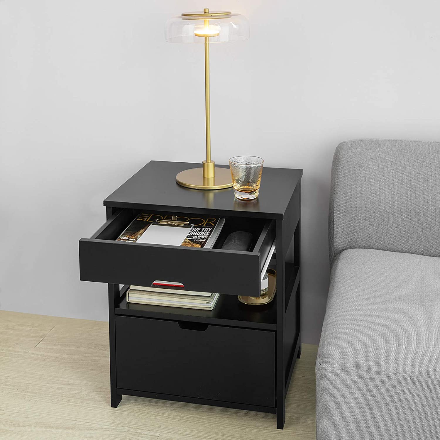 High Quality MDF Black Bedside Table with 2 Drawers