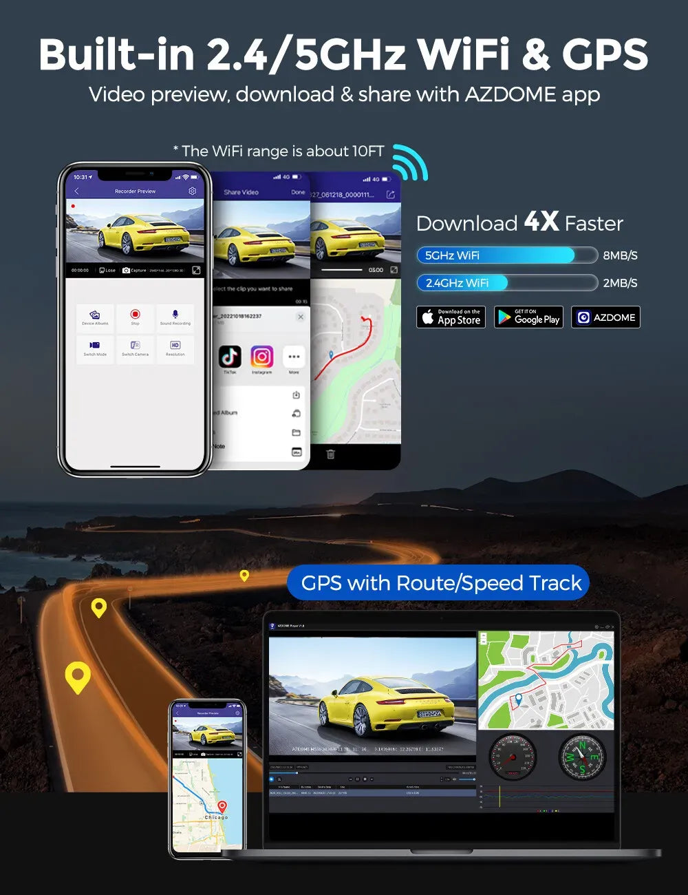 3.19" Black IPS Dual Dash Cam with 4K+1080P, 5G WiFi, GPS, Night Vision & Free 64GB Card