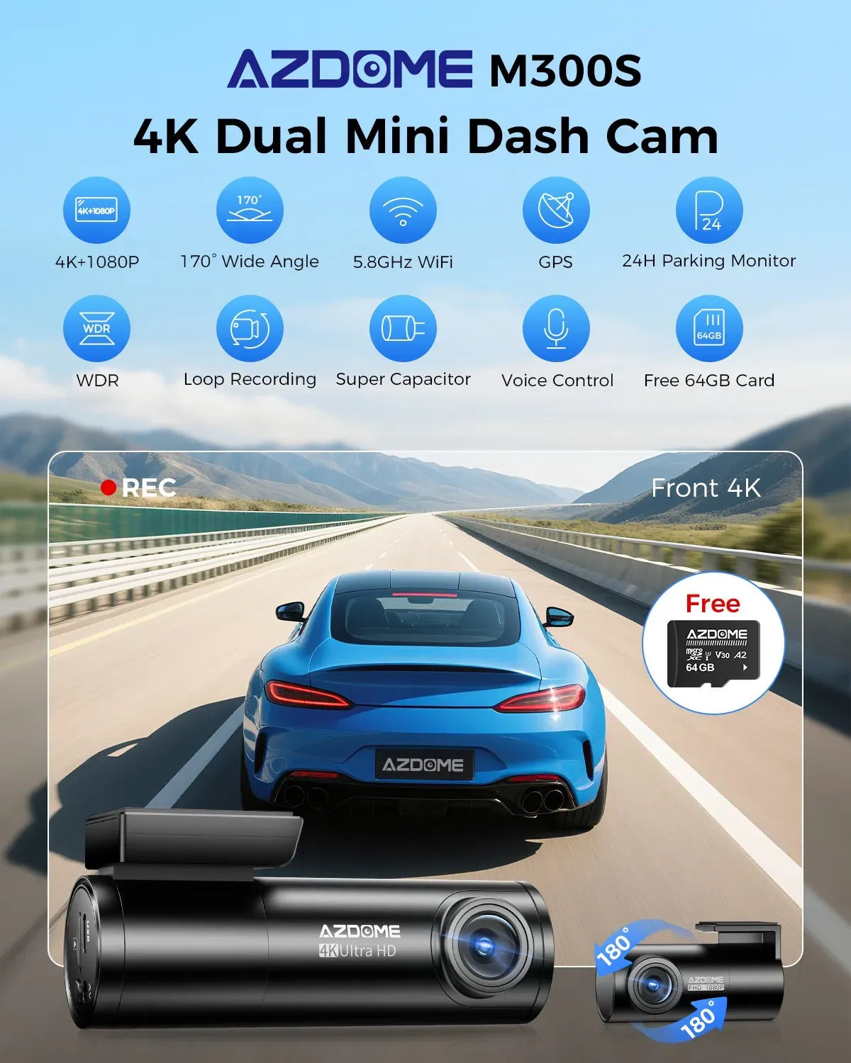 4K Dual Dash Cam Black with 5G WiFi, GPS, Front and Rear, 24H Parking Mode, Free 64GB SD Card