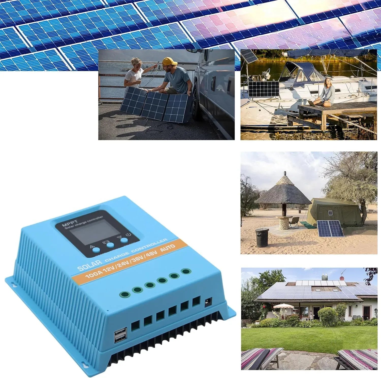 MPPT Solar Charge Controller 60A, Blue, LCD Display, Dual USB, 12V/24V/36V/48V