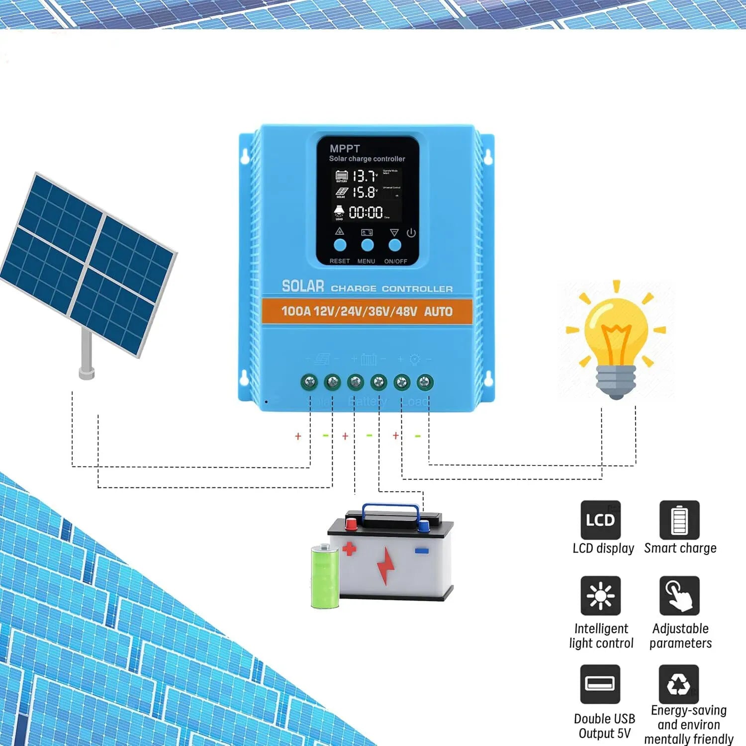 MPPT Solar Charge Controller 60A, Blue, LCD Display, Dual USB, 12V/24V/36V/48V