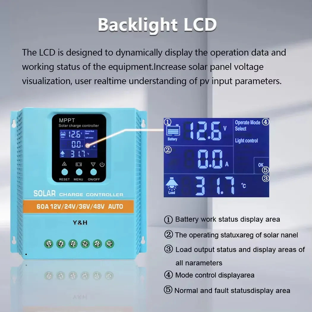 100A MPPT Solar Charge Controller with LCD Display and Dual USB Ports in Blue