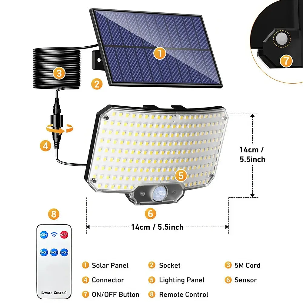 238LED Solar Powered Motion Sensor Flood Light in Black for Outdoor Security