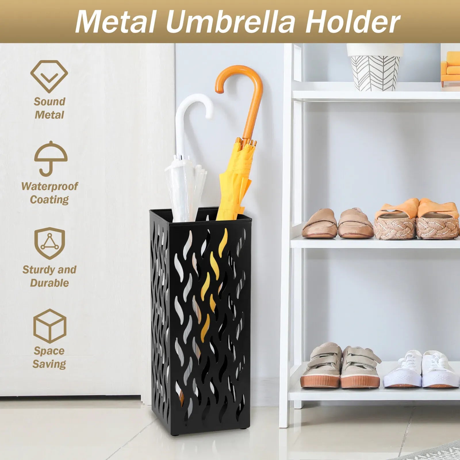Rectangular Black Metal Umbrella Stand Holder - Space-Saving Design, 16.5x16.5x42cm