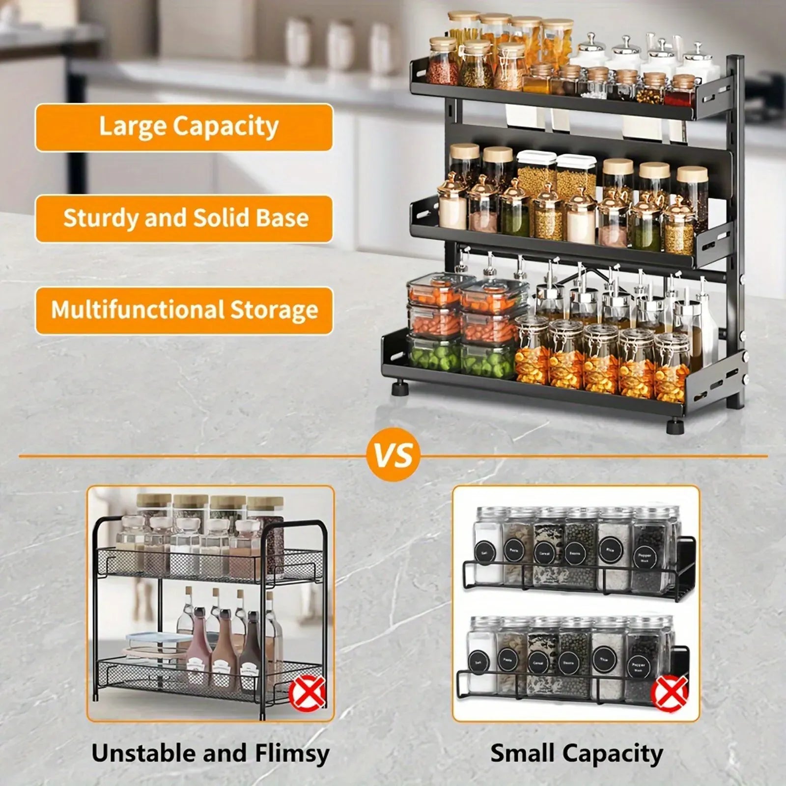 3-Tier Black Stainless Steel Spice Rack Kitchen Condiment Storage Shelf 40x16x54cm
