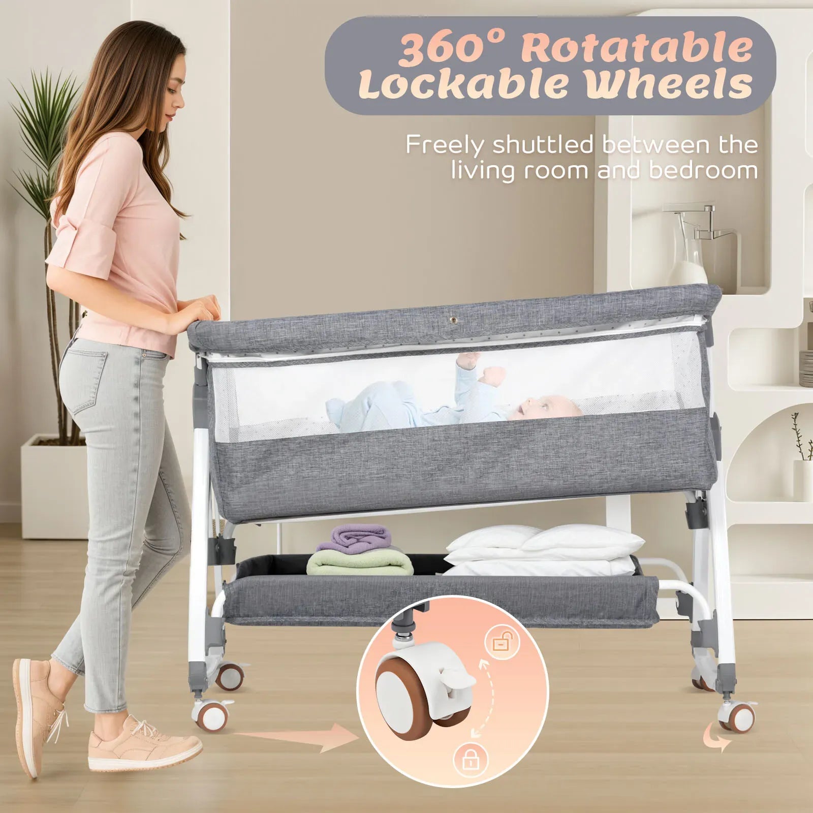 3-in-1 Adjustable Height Baby Bassinet Crib with Mosquito Net and Storage Basket in Grey