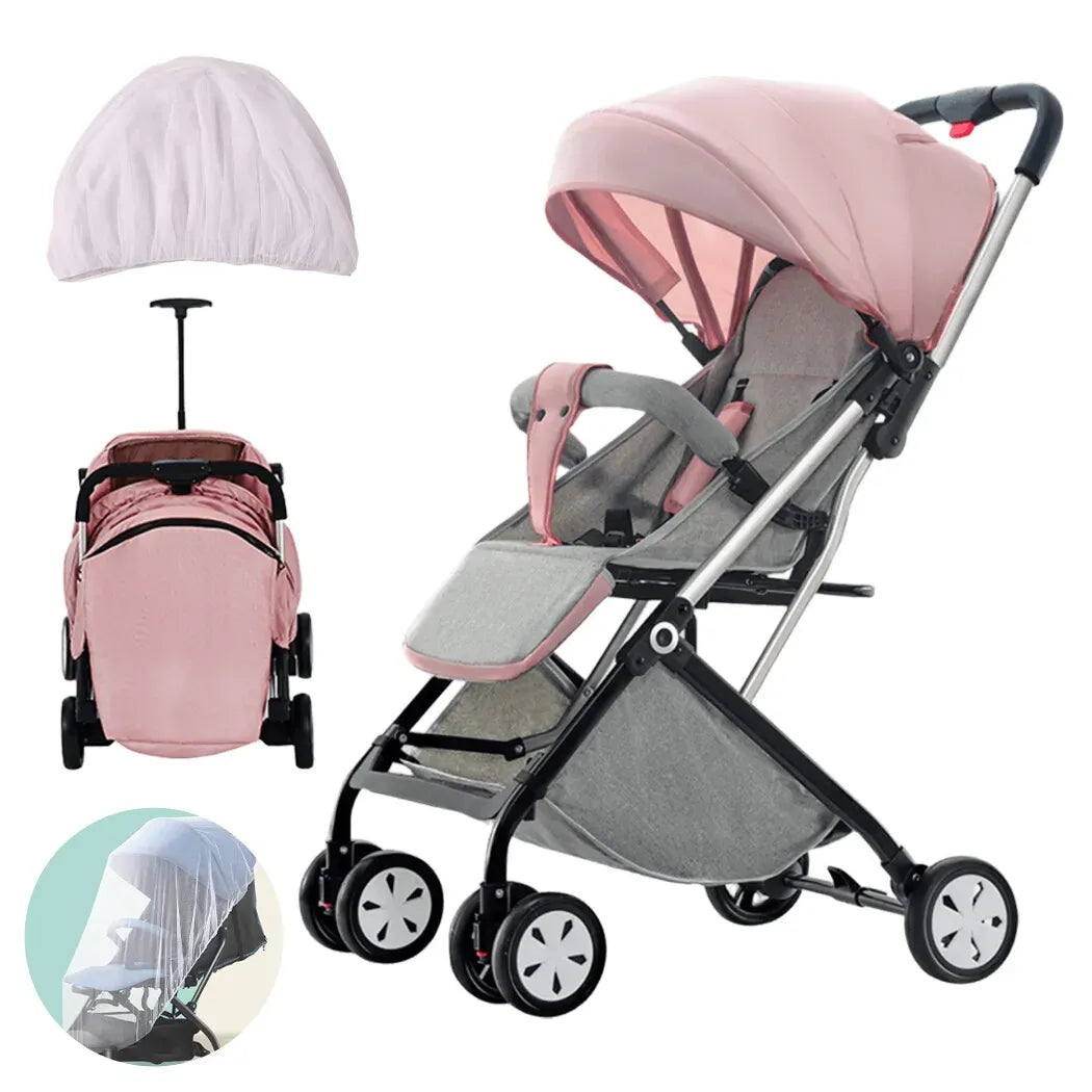 Lightweight Compact Baby Stroller Pram in Pink - Easy Fold for Travel, Suitable for Ages 0-5 Years