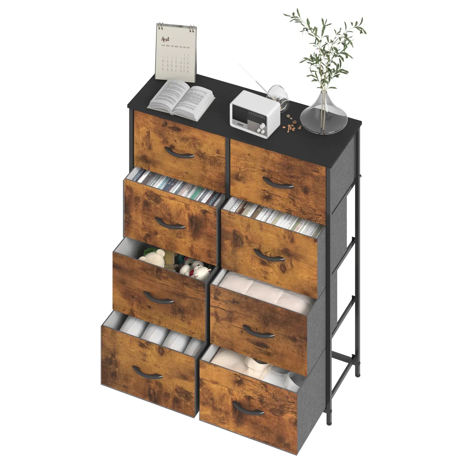 Tallboy Dresser Chest of Drawers in Black - 8 Fabric Drawers, 96x86cm