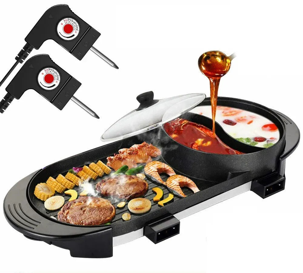 Electric 2 in 1 Black BBQ Grill and Hot Pot with Non-Stick Surface, 1360W, 69x26x11.5cm