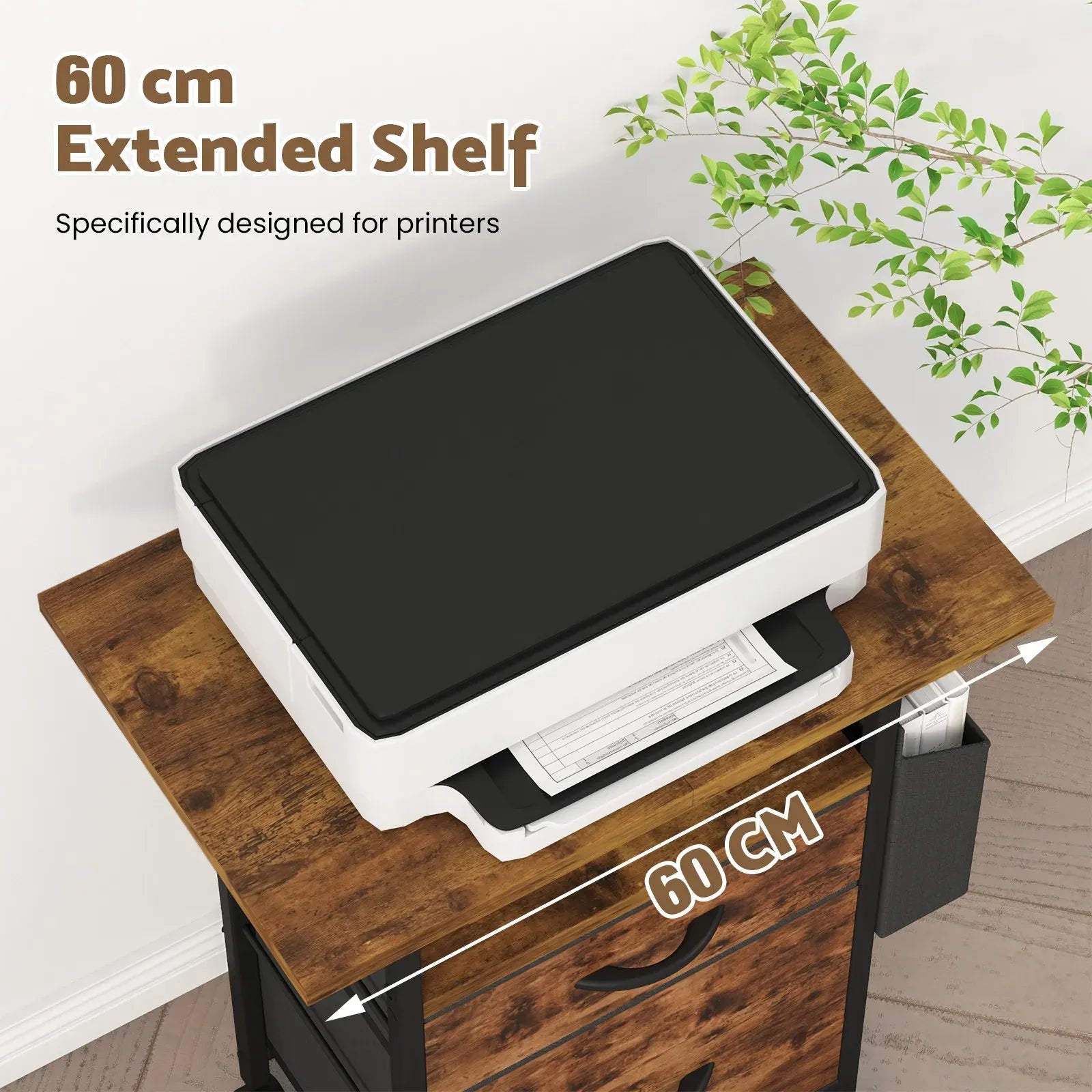 61x38cm Walnut Printer Stand, 4-Tier Mobile File Cabinet with Storage Drawer