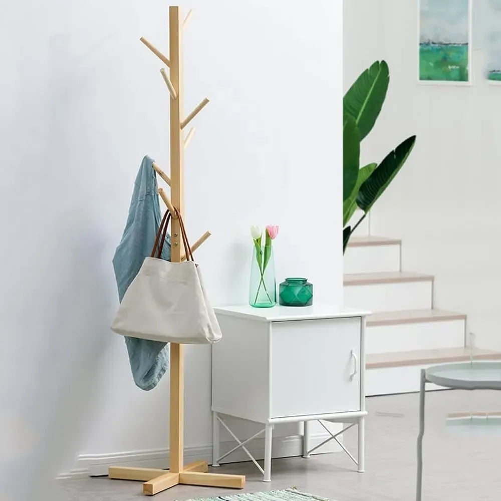 Solid Wood Coat Rack Stand in Natural Finish for Entryway, 80x180cm