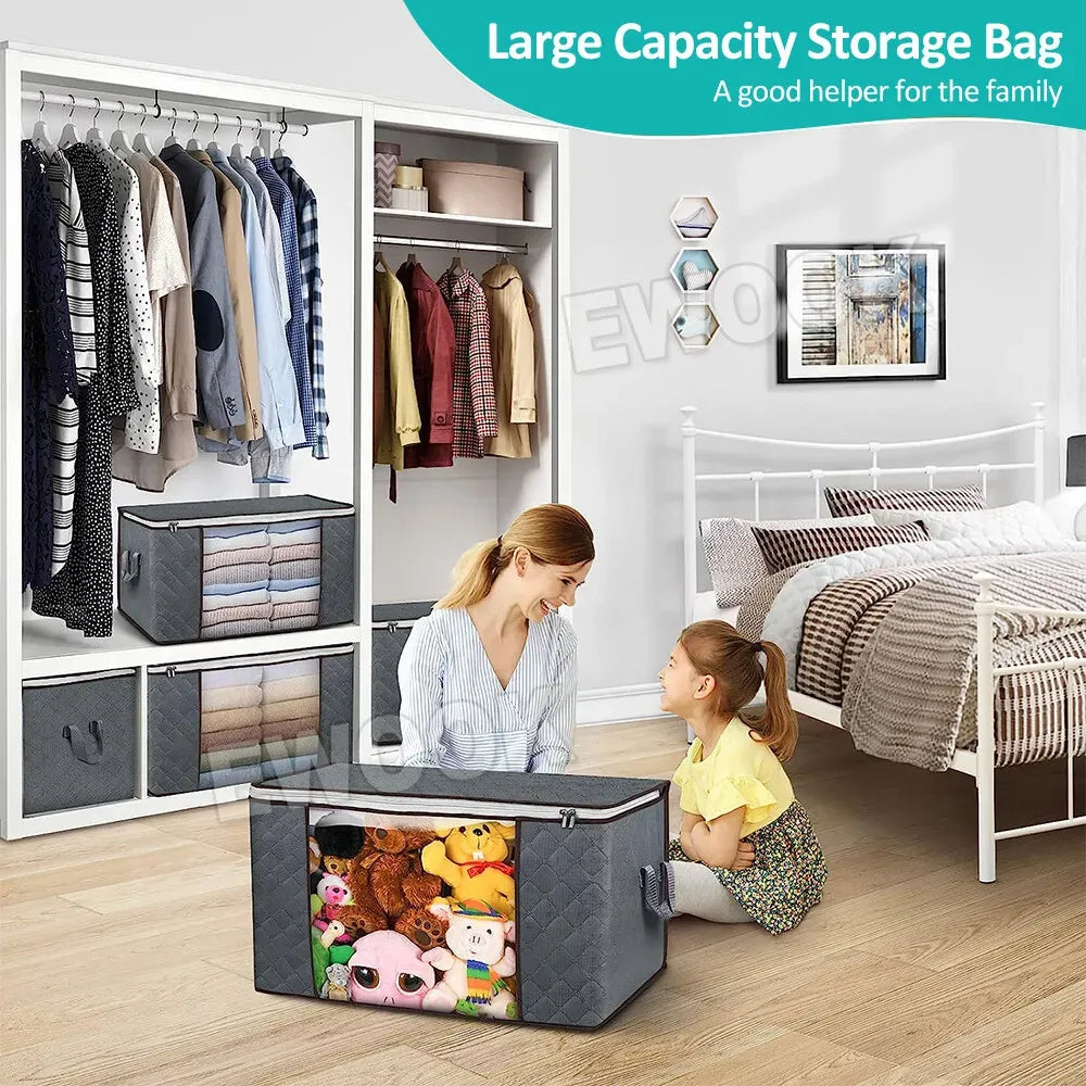 Large Grey Quilt Storage Bags 60x40x35cm - 2-Pack Non-Woven Fabric Organiser with Zipper