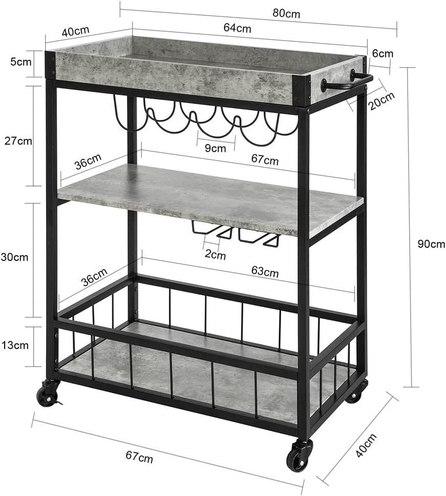 Industrial Kitchen Trolley, Wine Rack, Liftable Tray, 3-Tier