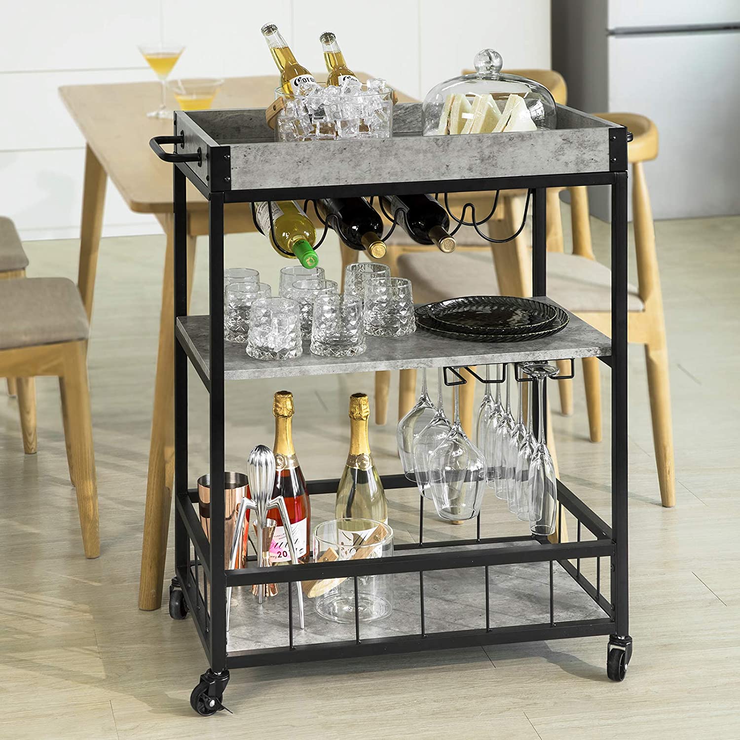 Industrial Kitchen Trolley, Wine Rack, Liftable Tray, 3-Tier