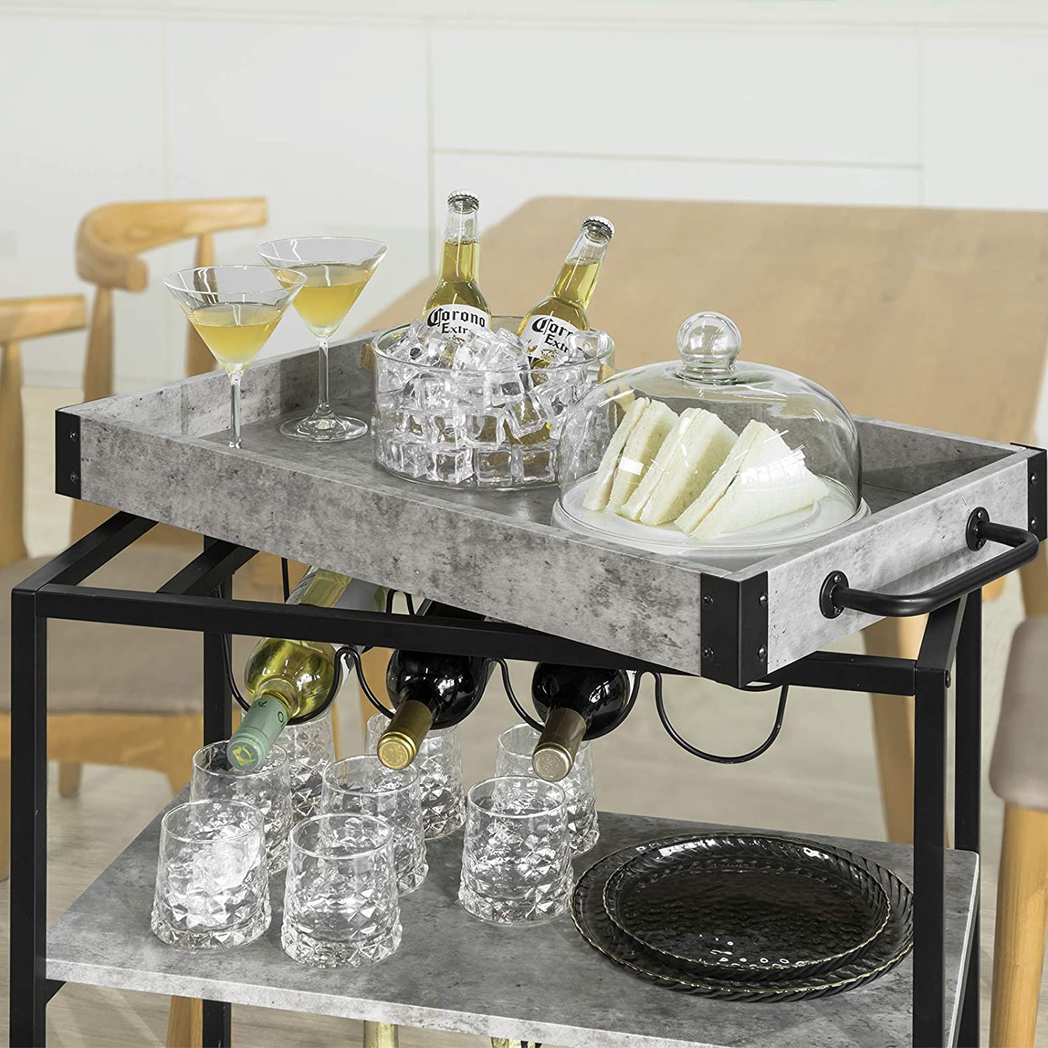 Industrial Kitchen Trolley, Wine Rack, Liftable Tray, 3-Tier