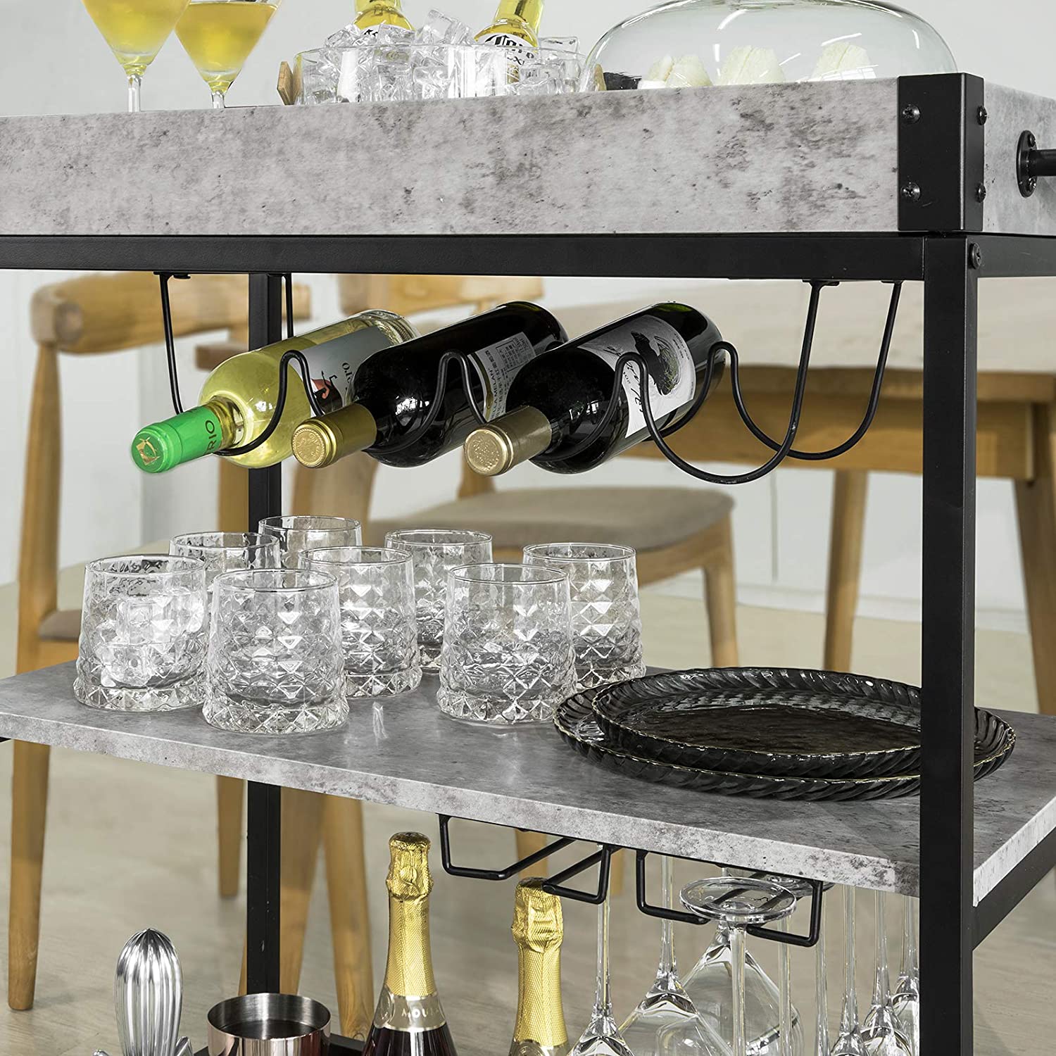 Industrial Kitchen Trolley, Wine Rack, Liftable Tray, 3-Tier