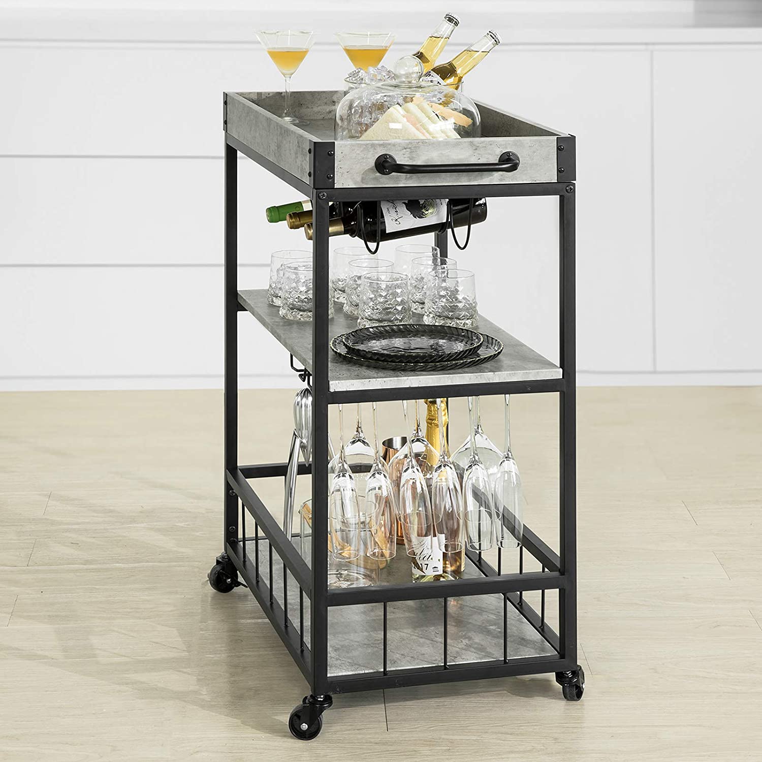 Industrial Kitchen Trolley, Wine Rack, Liftable Tray, 3-Tier