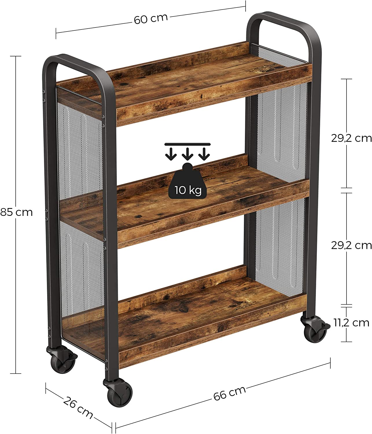 Compact Rustic Brown Kitchen Trolley Cart, 3 Shelves, Steel Frame