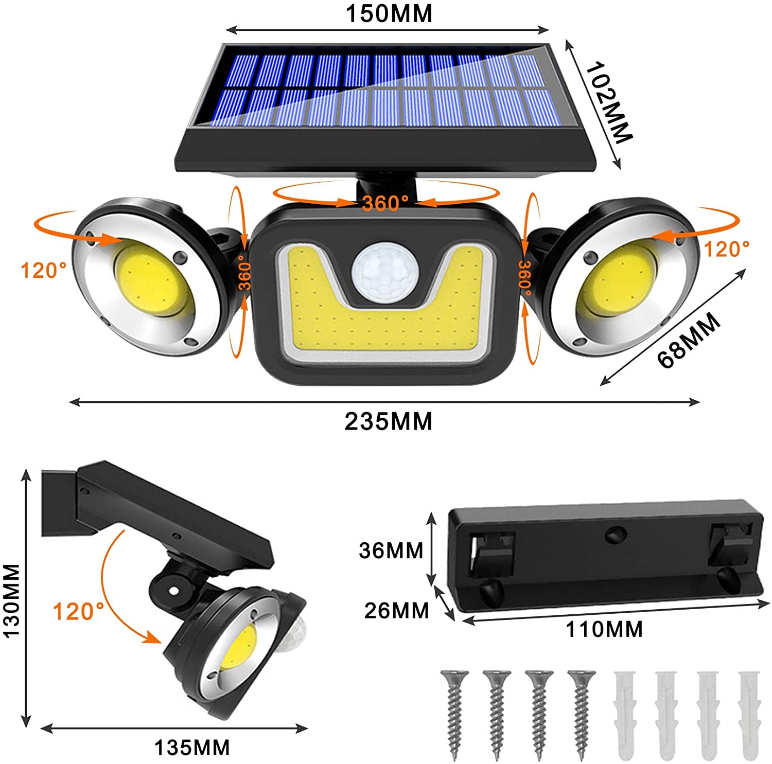 Motion Sensor Solar Lights, Adjustable Heads for Outdoors