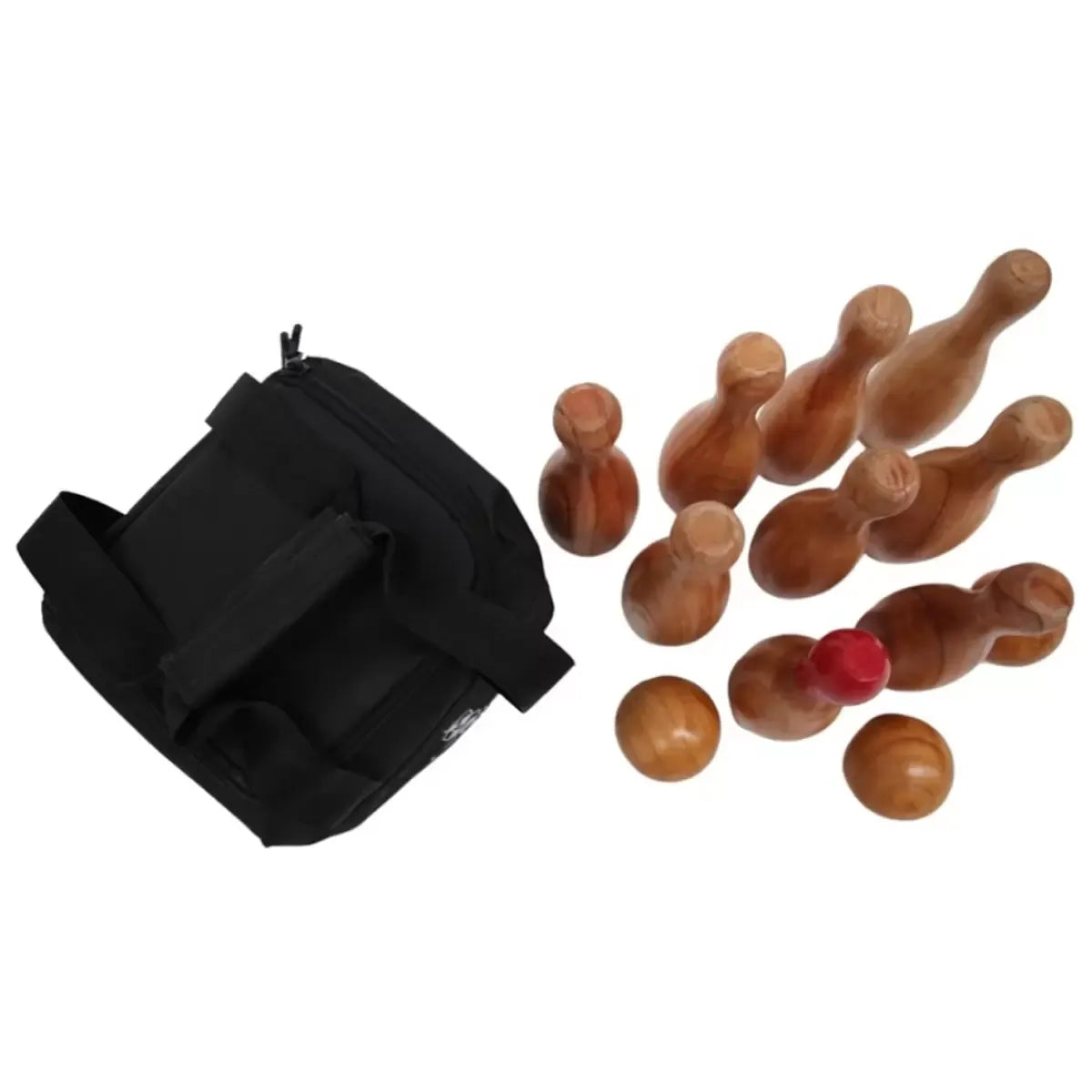 Natural Wooden Skittles Game Set with Carry Bag - 9 Hardwood Skittles 22cm and 3 Wooden Balls 7cm