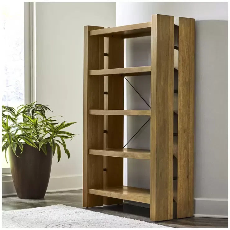 Adjustable Bookcase with Open Shelves, Rubberwood and Acacia Veneers, Indoor Use