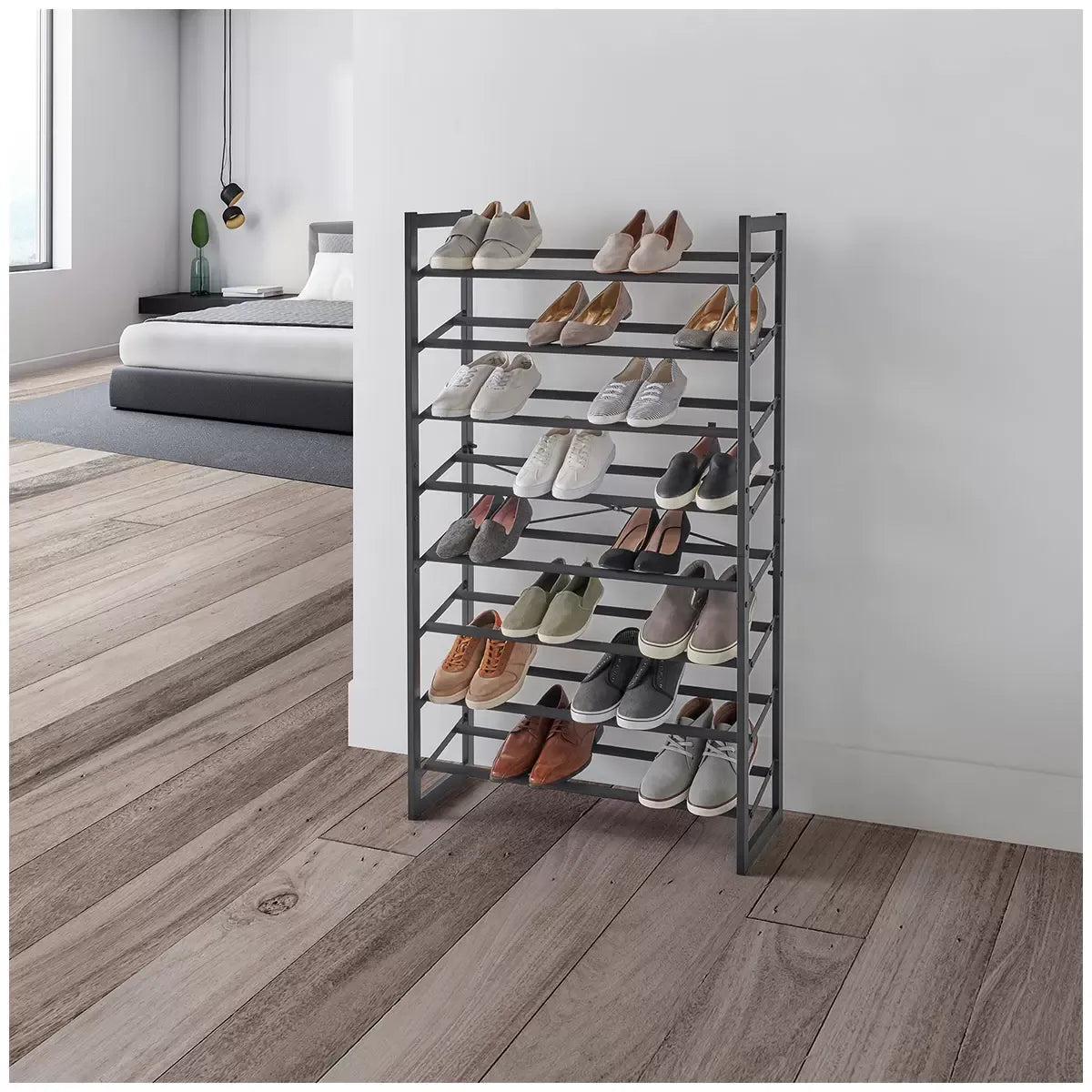 Set of 2 Black Matte Stackable Shoe Rack, 8-Tier Vertical Tower, Grey