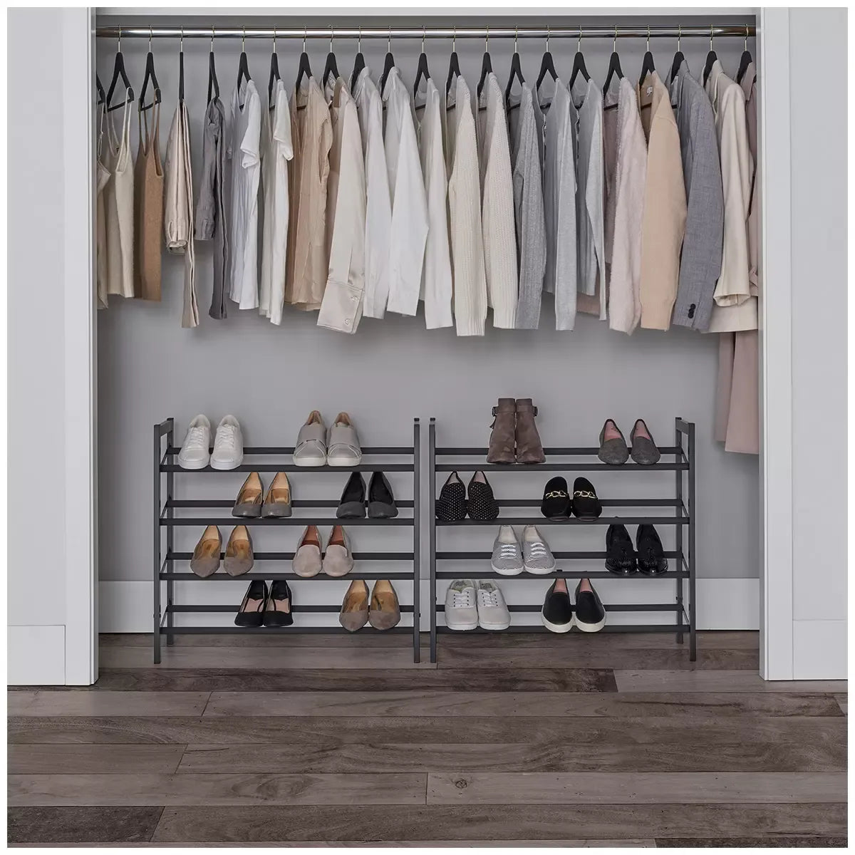 Set of 2 Black Matte Stackable Shoe Rack, 8-Tier Vertical Tower, Grey