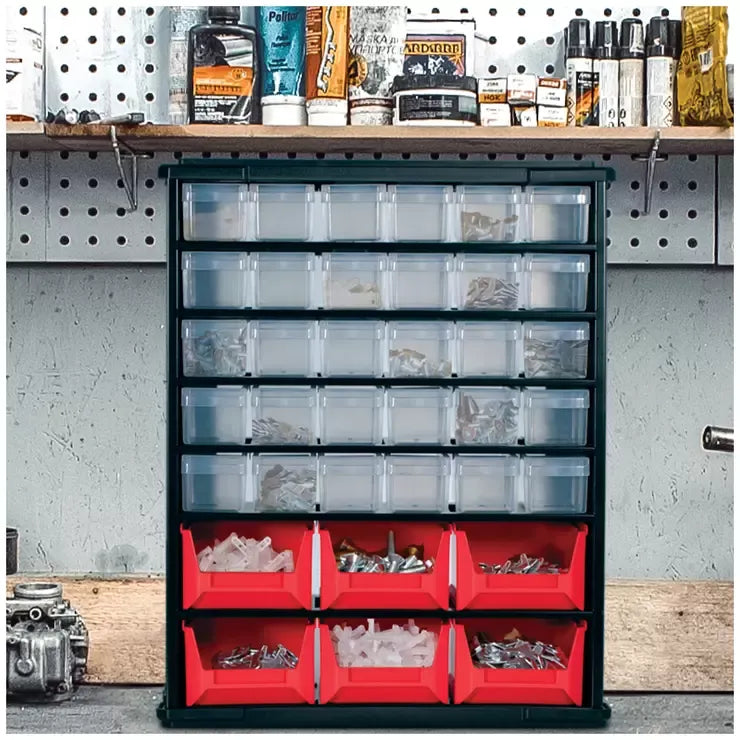 Black Multi Parts Bin Organiser with 36 Drawers, Durable Steel Frame, Includes Mounting Hardware