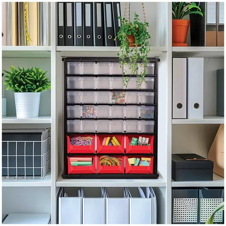 Black Multi Parts Bin Organiser with 36 Drawers, Durable Steel Frame, Includes Mounting Hardware