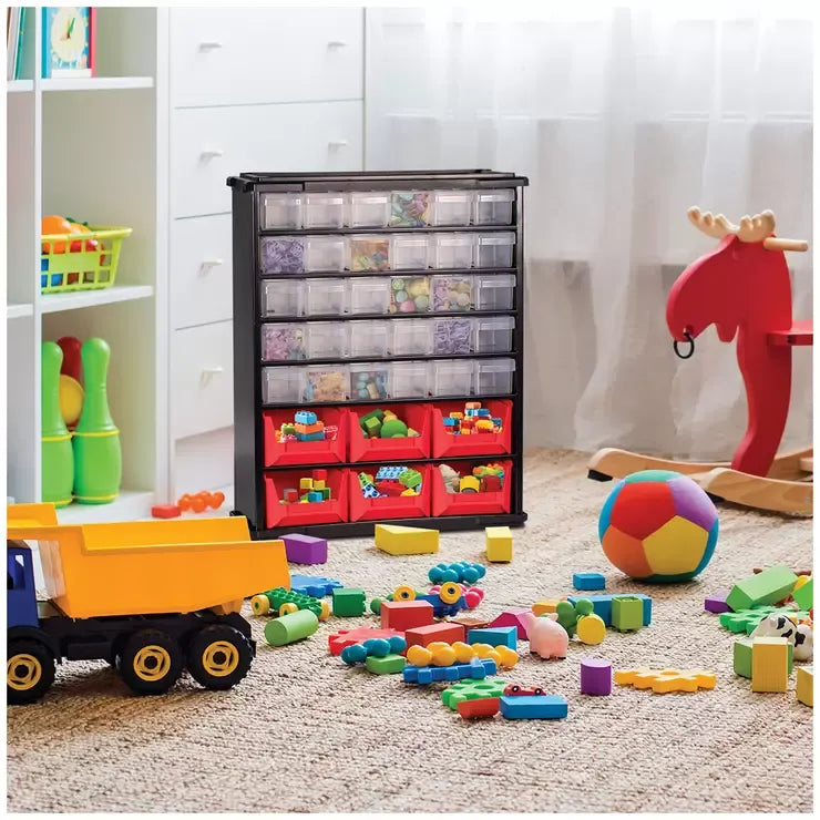 Black Multi Parts Bin Organiser with 36 Drawers, Durable Steel Frame, Includes Mounting Hardware
