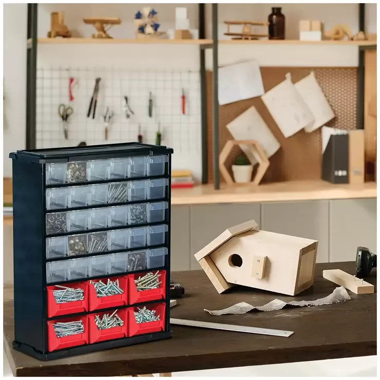 Black Multi Parts Bin Organiser with 36 Drawers, Durable Steel Frame, Includes Mounting Hardware