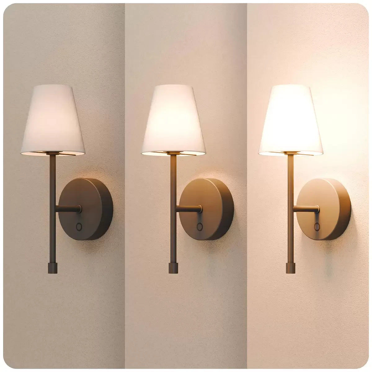 LED Wall Sconce Wireless Light 2-Pack - Black Finish with White Fabric Shade