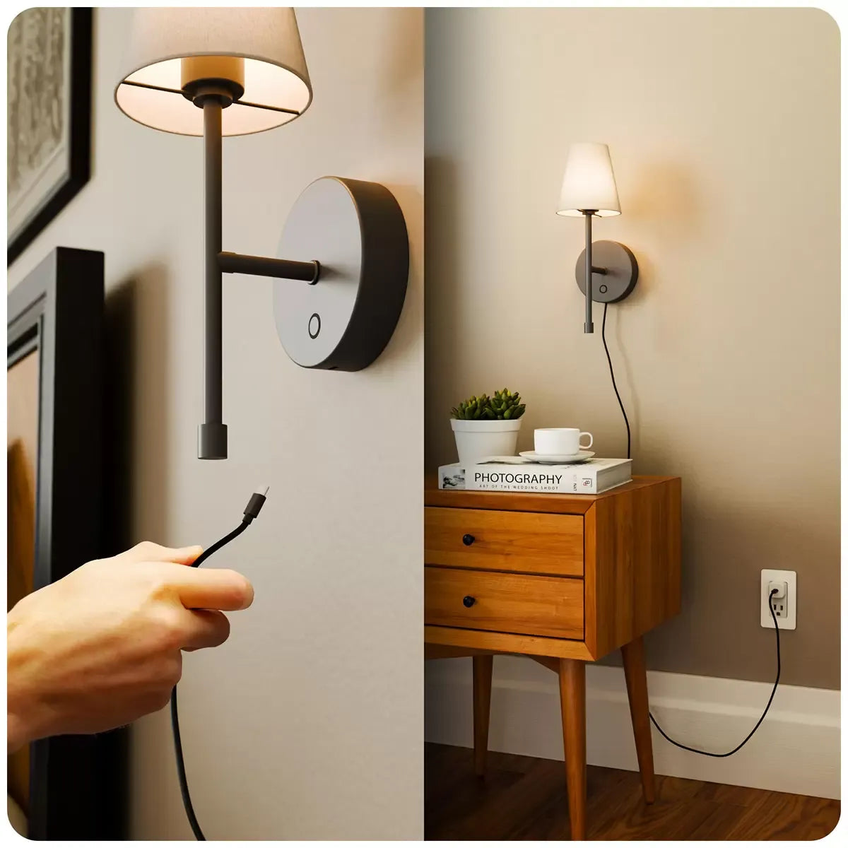 LED Wall Sconce Wireless Light 2-Pack - Black Finish with White Fabric Shade