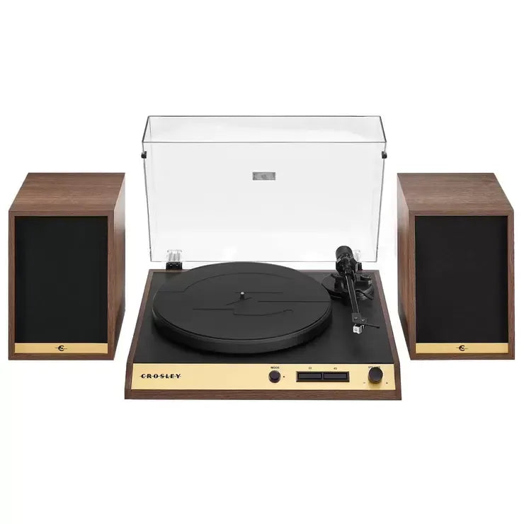 Vinyl Record Shelf Turntable with Speakers, Walnut Finish