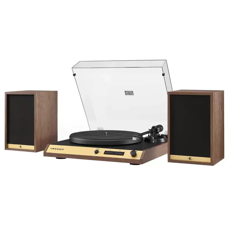 Vinyl Record Shelf Turntable with Speakers, Walnut Finish