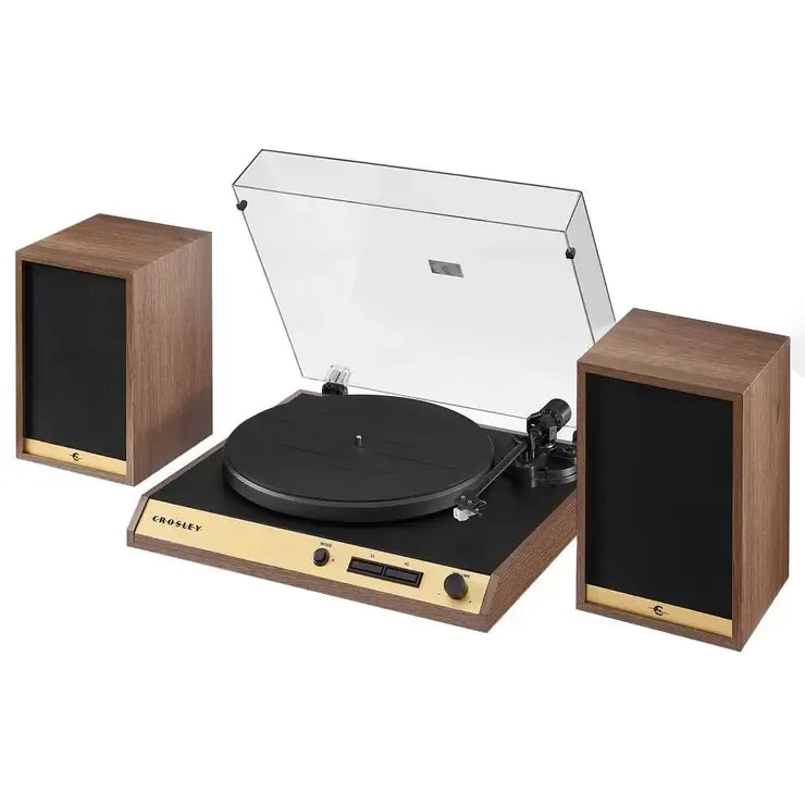 Vinyl Record Shelf Turntable with Speakers, Walnut Finish