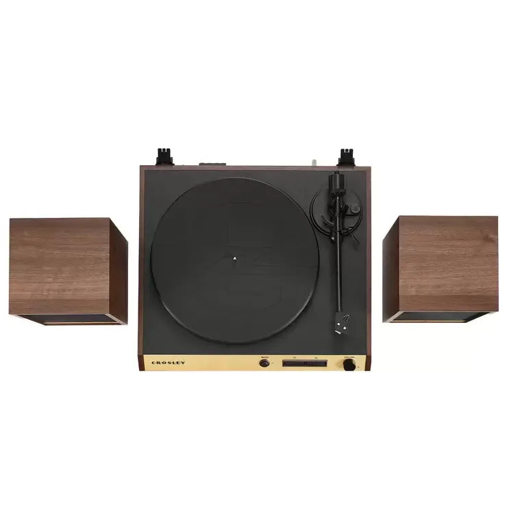 Vinyl Record Shelf Turntable with Speakers, Walnut Finish