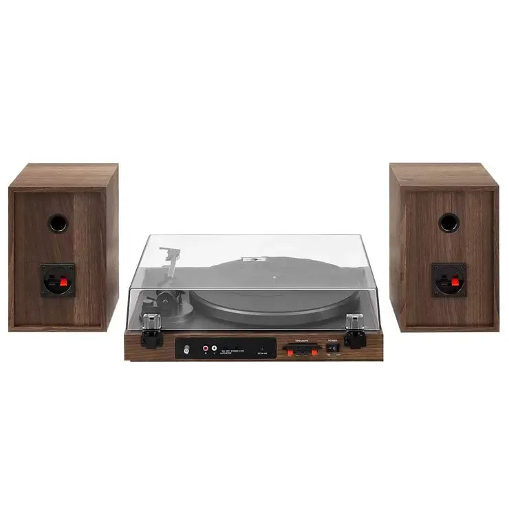 Vinyl Record Shelf Turntable with Speakers, Walnut Finish