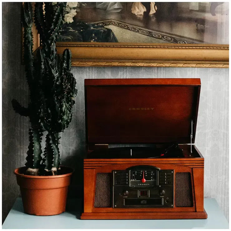 Wood Bluetooth Turntable With AM/FM Radio, CD Player, Paprika